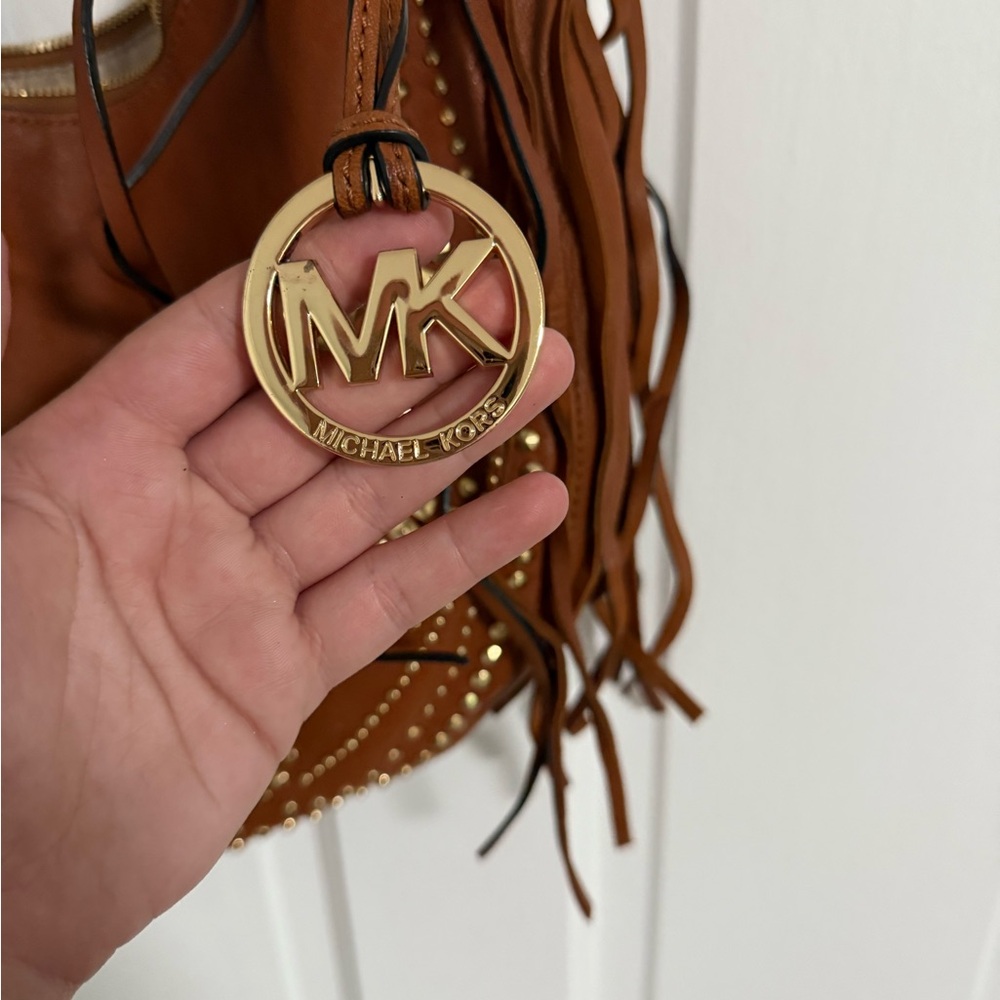 USED SLIGHTLY- Michael Kors Brown Crossbody Boho Leather Fringe Hobo Bag - Picture 3 of 11